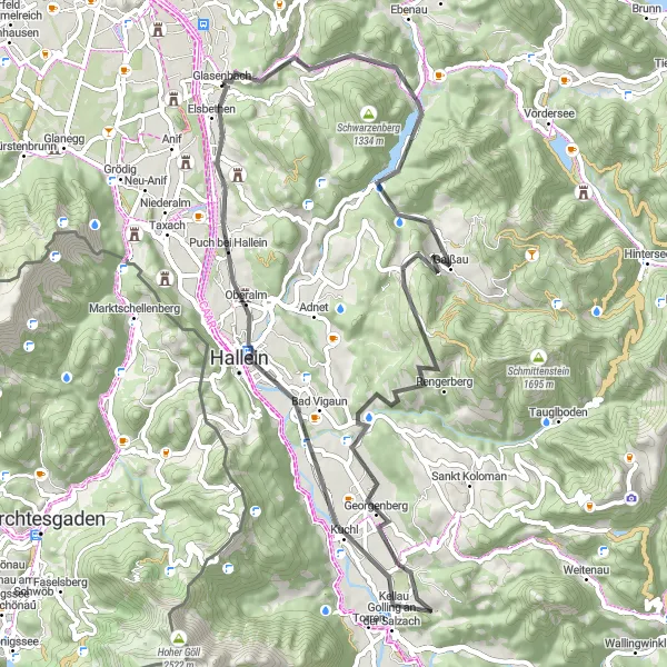 Kartminiatyr av "Kort og kupert vei til Krispl" sykkelinspirasjon i Salzburg, Austria. Generert av Tarmacs.app sykkelrutoplanlegger