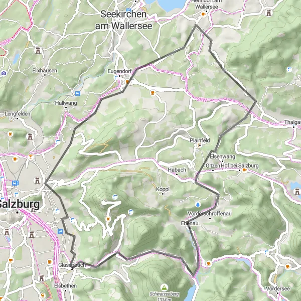 Miniatura mapy "Trasa wzdłuż górzystych szlaków w okolicach Glasenbach" - trasy rowerowej w Salzburg, Austria. Wygenerowane przez planer tras rowerowych Tarmacs.app