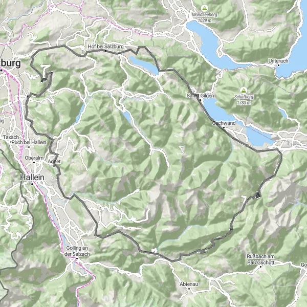 Karttaminiaatyyri "Alppien hurma" pyöräilyinspiraatiosta alueella Salzburg, Austria. Luotu Tarmacs.app pyöräilyreittisuunnittelijalla