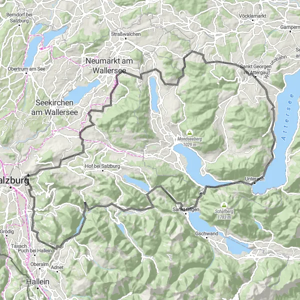 Kartminiatyr av "Severdighetervei til Salzburg via Attersee" sykkelinspirasjon i Salzburg, Austria. Generert av Tarmacs.app sykkelrutoplanlegger