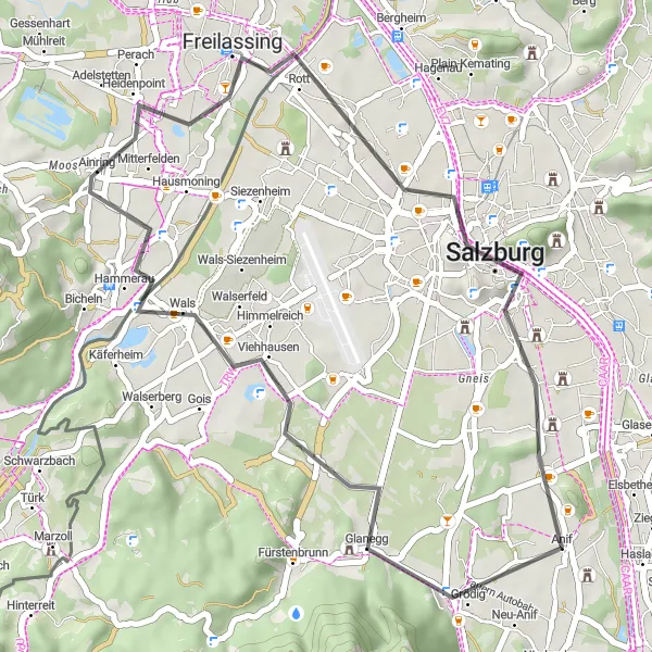 Miniaturní mapa "Cyklistická trasa Grödig - Kleingmainberg - Beobachtungsturm Vogelthenn - Freilassing - Kapuzinerberg - Hohensalzburg Fortress - Parmakänguru" inspirace pro cyklisty v oblasti Salzburg, Austria. Vytvořeno pomocí plánovače tras Tarmacs.app