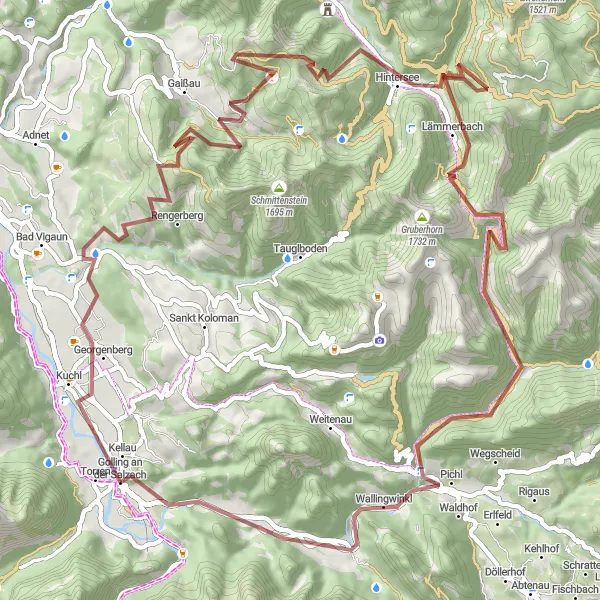 Miniaturní mapa "Gravelový okruh Golling" inspirace pro cyklisty v oblasti Salzburg, Austria. Vytvořeno pomocí plánovače tras Tarmacs.app