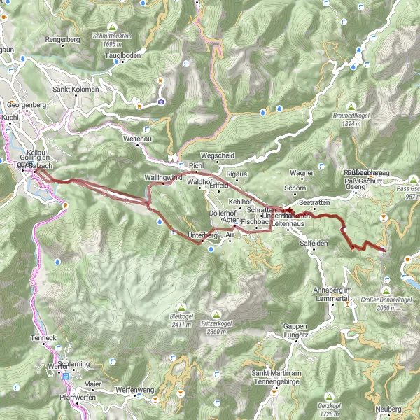 Mapa miniatúra "Scenic Gravel Loop from Golling an der Salzach" cyklistická inšpirácia v Salzburg, Austria. Vygenerované cyklistickým plánovačom trás Tarmacs.app