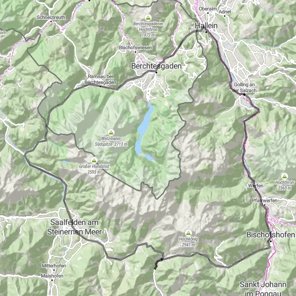 Miniatua del mapa de inspiración ciclista "Ruta de Ciclismo de Carretera Extendida desde Golling an der Salzach" en Salzburg, Austria. Generado por Tarmacs.app planificador de rutas ciclistas