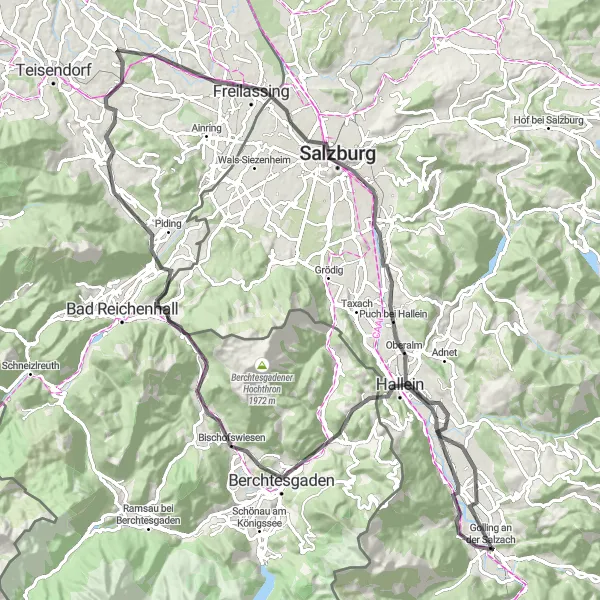 Miniatura della mappa di ispirazione al ciclismo "Tour in bicicletta da Golling a Hallein" nella regione di Salzburg, Austria. Generata da Tarmacs.app, pianificatore di rotte ciclistiche