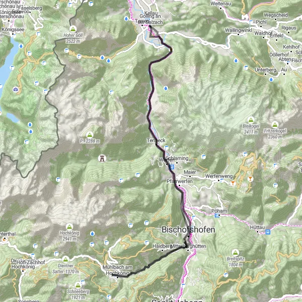 Zemljevid v pomanjšavi "Razgiban krog čez Pass Lueg" kolesarske inspiracije v Salzburg, Austria. Generirano z načrtovalcem kolesarskih poti Tarmacs.app