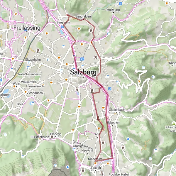 Mapa miniatúra "Gravelový okruh Anif - Salzburg" cyklistická inšpirácia v Salzburg, Austria. Vygenerované cyklistickým plánovačom trás Tarmacs.app