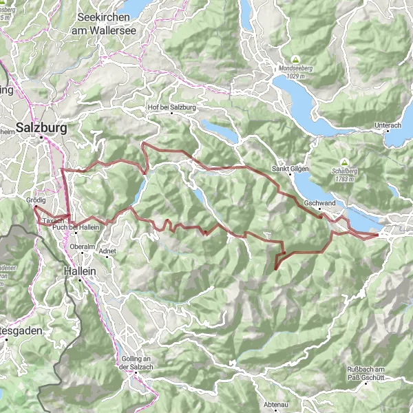 Karttaminiaatyyri "Haastava pyöräilyreitti Salzburgin ympäristössä" pyöräilyinspiraatiosta alueella Salzburg, Austria. Luotu Tarmacs.app pyöräilyreittisuunnittelijalla