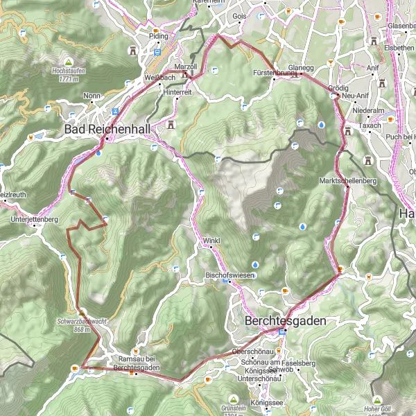 Miniaturní mapa "Gravel Route through Berchtesgaden Alps" inspirace pro cyklisty v oblasti Salzburg, Austria. Vytvořeno pomocí plánovače tras Tarmacs.app