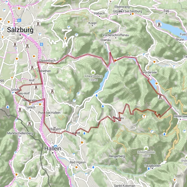 Miniatura della mappa di ispirazione al ciclismo "Giro in Gravel attraverso Anif e Krispl" nella regione di Salzburg, Austria. Generata da Tarmacs.app, pianificatore di rotte ciclistiche
