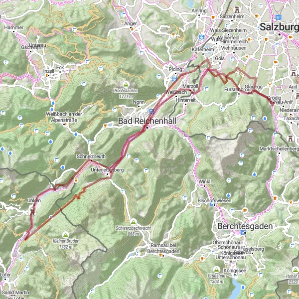 Miniatura della mappa di ispirazione al ciclismo "Avventura in Gravel tra Piding e Kleingmainberg" nella regione di Salzburg, Austria. Generata da Tarmacs.app, pianificatore di rotte ciclistiche