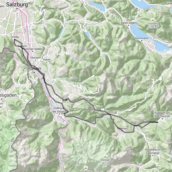 Map miniature of "The Mountain Bliss" cycling inspiration in Salzburg, Austria. Generated by Tarmacs.app cycling route planner