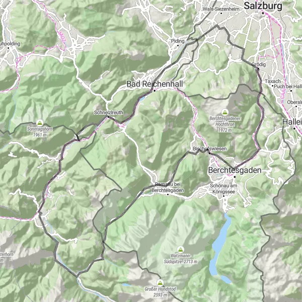 Map miniature of "Scenic Routes around Salzburg" cycling inspiration in Salzburg, Austria. Generated by Tarmacs.app cycling route planner