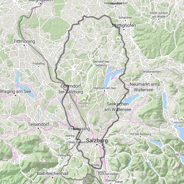 Miniatura della mappa di ispirazione al ciclismo "Cicloturismo panoramico attraverso Laufen e Hellbrunner Berg" nella regione di Salzburg, Austria. Generata da Tarmacs.app, pianificatore di rotte ciclistiche