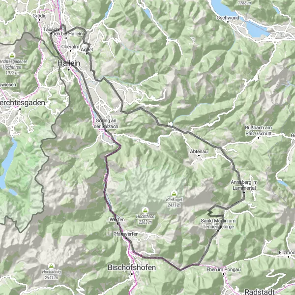 Miniatura della mappa di ispirazione al ciclismo "Tour delle Alpi Salisburghesi" nella regione di Salzburg, Austria. Generata da Tarmacs.app, pianificatore di rotte ciclistiche