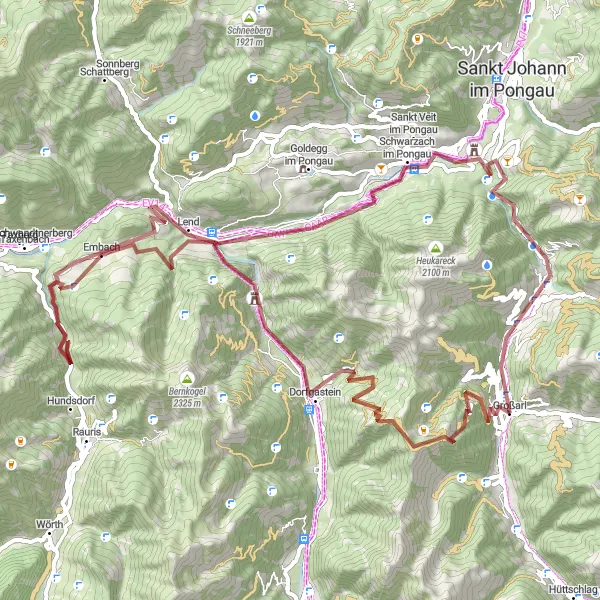 Miniaturní mapa "Gravelová trasa přes Großarl a Schwarzach im Pongau" inspirace pro cyklisty v oblasti Salzburg, Austria. Vytvořeno pomocí plánovače tras Tarmacs.app