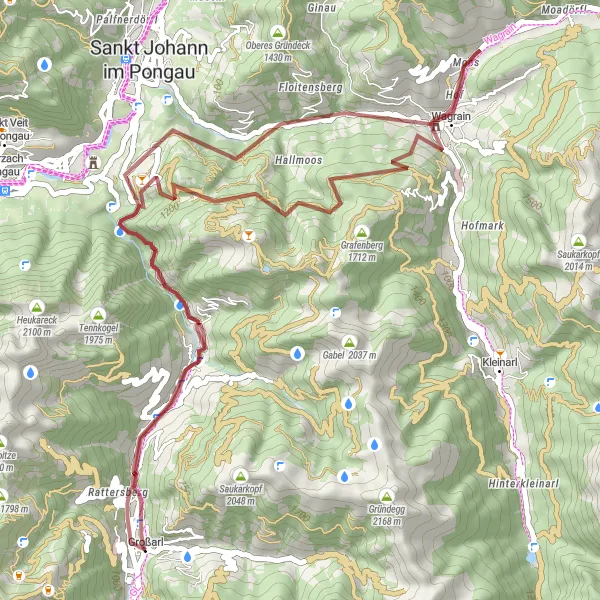 Map miniature of "Grossarl to Liechtensteinklamm Loop" cycling inspiration in Salzburg, Austria. Generated by Tarmacs.app cycling route planner