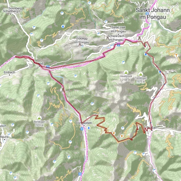 Miniatua del mapa de inspiración ciclista "Aventura en gravilla desde Großarl a Liechtensteinklamm" en Salzburg, Austria. Generado por Tarmacs.app planificador de rutas ciclistas