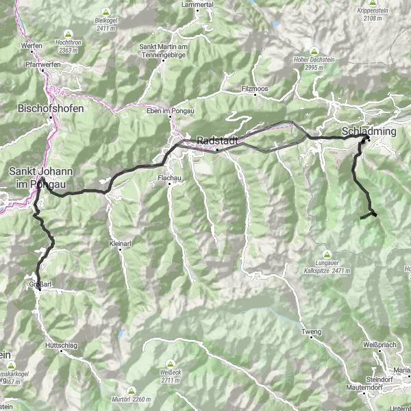 Karten-Miniaturansicht der Radinspiration "Herausfordernder Straßenrundweg" in Salzburg, Austria. Erstellt vom Tarmacs.app-Routenplaner für Radtouren