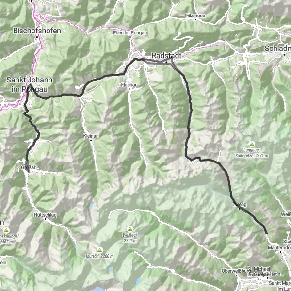 Miniaturní mapa "Náročná cyklistická trasa kolem Grossarlu a okolí" inspirace pro cyklisty v oblasti Salzburg, Austria. Vytvořeno pomocí plánovače tras Tarmacs.app