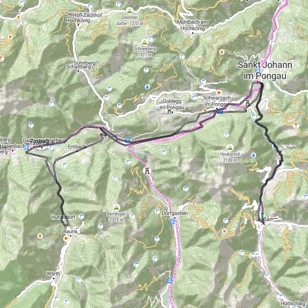 Miniatua del mapa de inspiración ciclista "Aventura alpina desde Großarl a Sankt Johann im Pongau" en Salzburg, Austria. Generado por Tarmacs.app planificador de rutas ciclistas