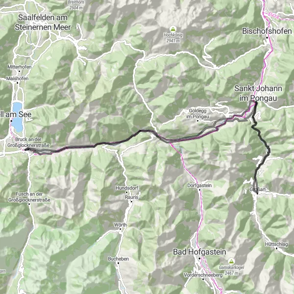 Zemljevid v pomanjšavi "Großarl do Sankt Johann im Pongau" kolesarske inspiracije v Salzburg, Austria. Generirano z načrtovalcem kolesarskih poti Tarmacs.app
