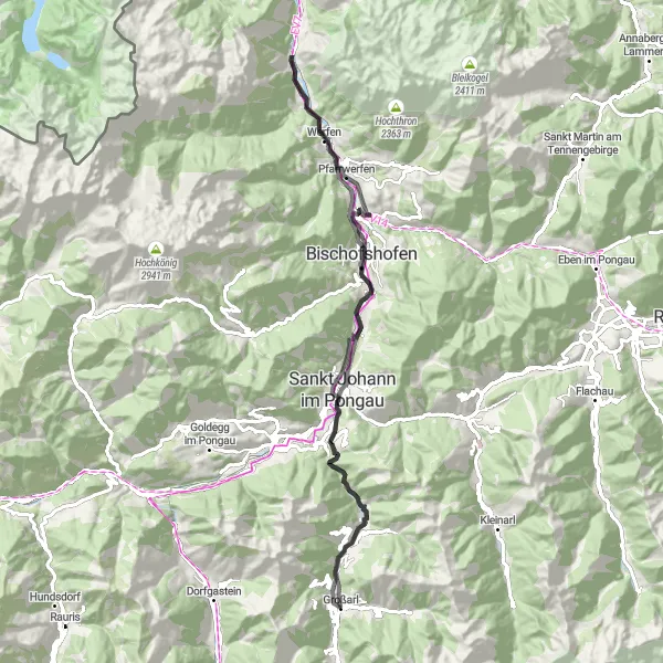Mapa miniatúra "Scenic Road Cycling Route to Festung Hohenwerfen and Bischofshofen" cyklistická inšpirácia v Salzburg, Austria. Vygenerované cyklistickým plánovačom trás Tarmacs.app
