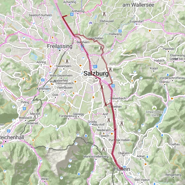Map miniature of "Hallein Gravel Delight" cycling inspiration in Salzburg, Austria. Generated by Tarmacs.app cycling route planner