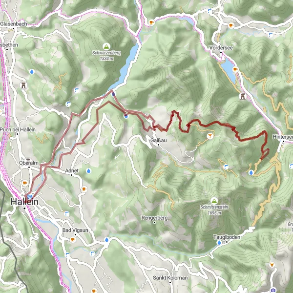 Kartminiatyr av "Grusvei opplevelser rundt Hallein" sykkelinspirasjon i Salzburg, Austria. Generert av Tarmacs.app sykkelrutoplanlegger