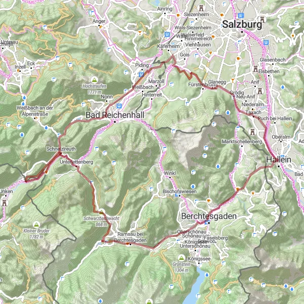 Karttaminiaatyyri "Salzburg Gravel Adventure" pyöräilyinspiraatiosta alueella Salzburg, Austria. Luotu Tarmacs.app pyöräilyreittisuunnittelijalla