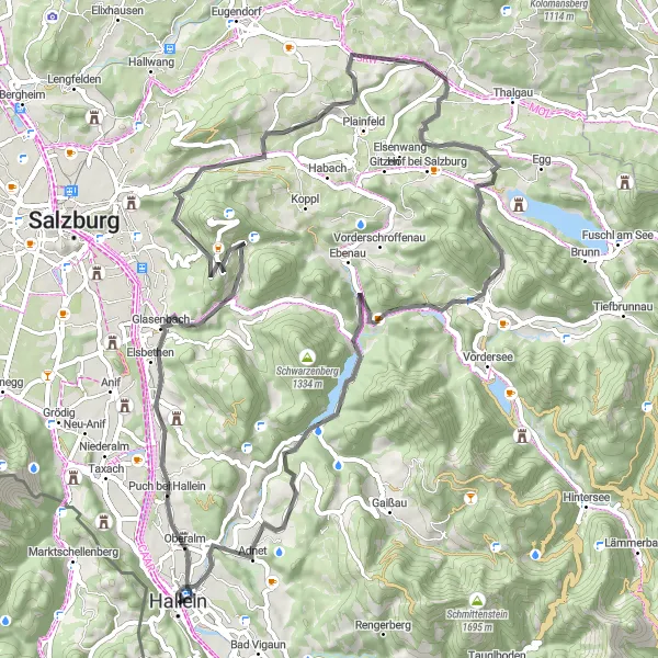 Karttaminiaatyyri "Hallein - Faistenau Road Cycling Tour" pyöräilyinspiraatiosta alueella Salzburg, Austria. Luotu Tarmacs.app pyöräilyreittisuunnittelijalla