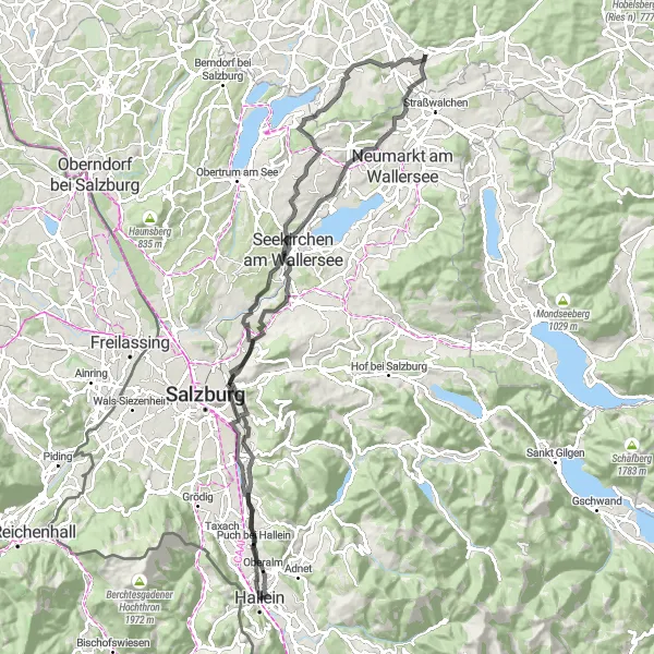 Miniaturní mapa "Road Trasa plná historických památek kolem Hallein" inspirace pro cyklisty v oblasti Salzburg, Austria. Vytvořeno pomocí plánovače tras Tarmacs.app