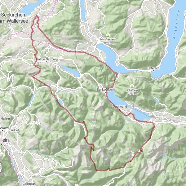 Karttaminiaatyyri "Henndorf am Wallersee - Sankt Gilgen Gravel Adventure" pyöräilyinspiraatiosta alueella Salzburg, Austria. Luotu Tarmacs.app pyöräilyreittisuunnittelijalla