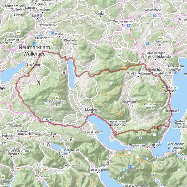 Miniatura della mappa di ispirazione al ciclismo "Giro in Mountain Bike intorno a Henndorf am Wallersee" nella regione di Salzburg, Austria. Generata da Tarmacs.app, pianificatore di rotte ciclistiche