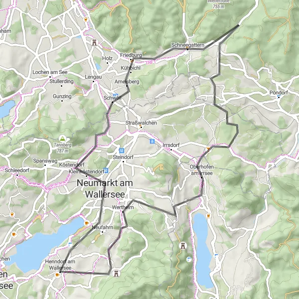 Miniatura della mappa di ispirazione al ciclismo "Ciclabile verso Friedburg" nella regione di Salzburg, Austria. Generata da Tarmacs.app, pianificatore di rotte ciclistiche