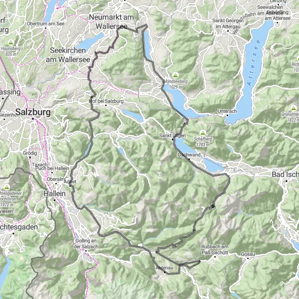 Miniatura della mappa di ispirazione al ciclismo "Giro in bici lungo il percorso avventura verso Ebenau" nella regione di Salzburg, Austria. Generata da Tarmacs.app, pianificatore di rotte ciclistiche