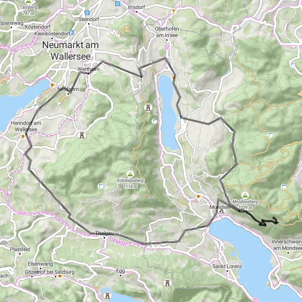 Map miniature of "Lake Mondsee Loop" cycling inspiration in Salzburg, Austria. Generated by Tarmacs.app cycling route planner