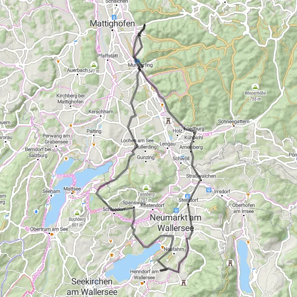 Map miniature of "Lake and Villages" cycling inspiration in Salzburg, Austria. Generated by Tarmacs.app cycling route planner