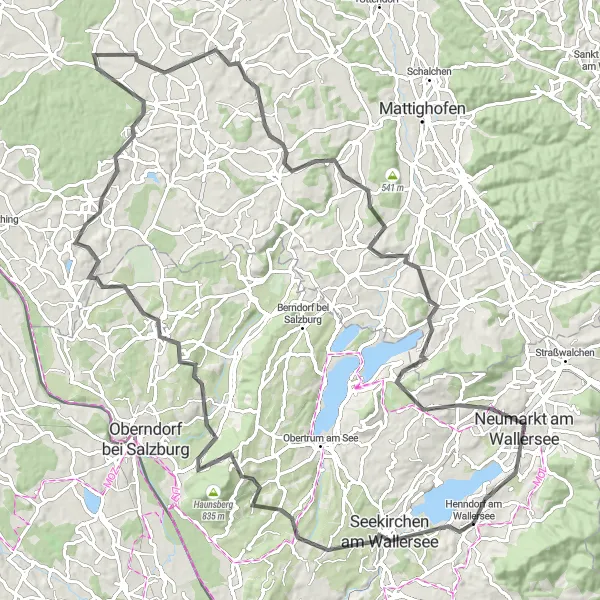 Miniatura della mappa di ispirazione al ciclismo "Tour del Wallersee" nella regione di Salzburg, Austria. Generata da Tarmacs.app, pianificatore di rotte ciclistiche