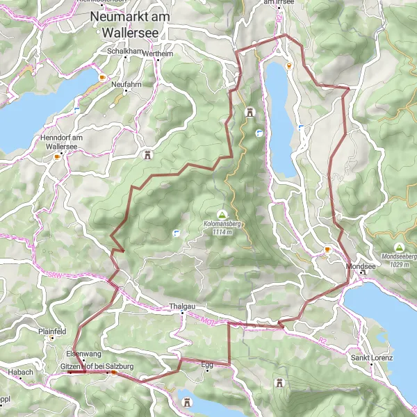 Miniatua del mapa de inspiración ciclista "Ruta de Gravel Hof bei Salzburg" en Salzburg, Austria. Generado por Tarmacs.app planificador de rutas ciclistas