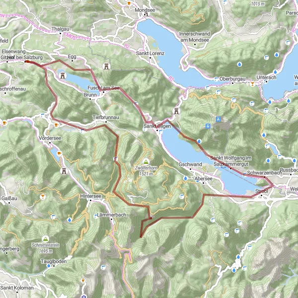 Map miniature of "Fuschl am See and Lake Wolfgang Gravel Route" cycling inspiration in Salzburg, Austria. Generated by Tarmacs.app cycling route planner