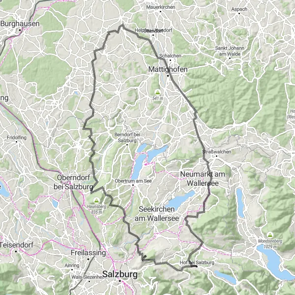 Miniatua del mapa de inspiración ciclista "Tour Road por Oberndorf" en Salzburg, Austria. Generado por Tarmacs.app planificador de rutas ciclistas