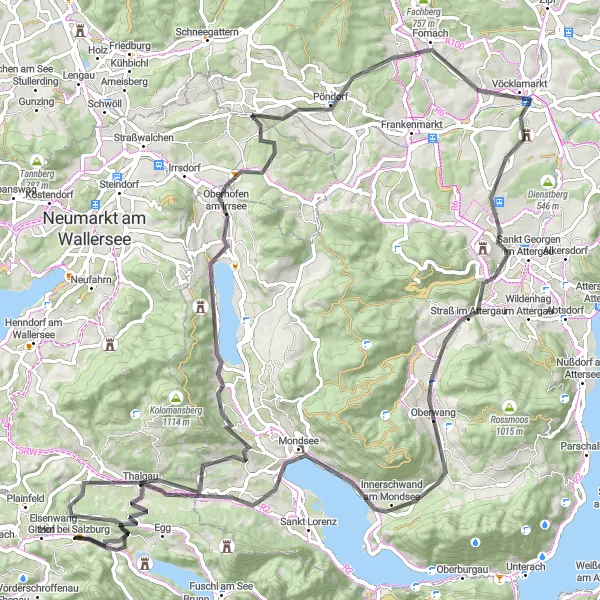 Zemljevid v pomanjšavi "Razgledi na Alpah in obisk mestnih znamenitosti" kolesarske inspiracije v Salzburg, Austria. Generirano z načrtovalcem kolesarskih poti Tarmacs.app