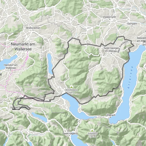 Miniatura della mappa di ispirazione al ciclismo "Thalgau - Attersee am Attersee Loop" nella regione di Salzburg, Austria. Generata da Tarmacs.app, pianificatore di rotte ciclistiche