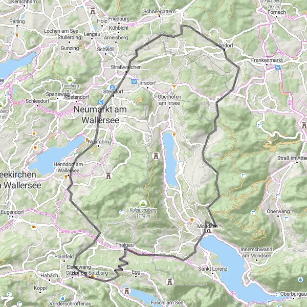 Miniaturní mapa "Okruh kolem Wallersee a Mondsee" inspirace pro cyklisty v oblasti Salzburg, Austria. Vytvořeno pomocí plánovače tras Tarmacs.app