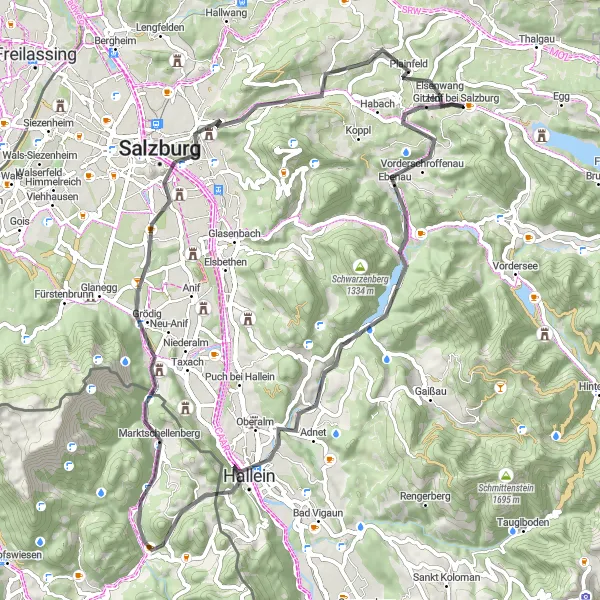 Miniaturekort af cykelinspirationen "Hof bei Salzburg til Kapuzinerberg Road Bike Loop" i Salzburg, Austria. Genereret af Tarmacs.app cykelruteplanlægger