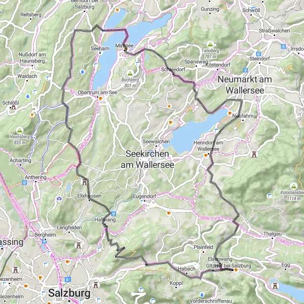 Map miniature of "Hof bei Salzburg - Heuberg - Hallwang - Mattsee Seeparkplatz Nord - Wartstein - Ölling - Zifanken - Elsenwang - Hof bei Salzburg (Road)" cycling inspiration in Salzburg, Austria. Generated by Tarmacs.app cycling route planner