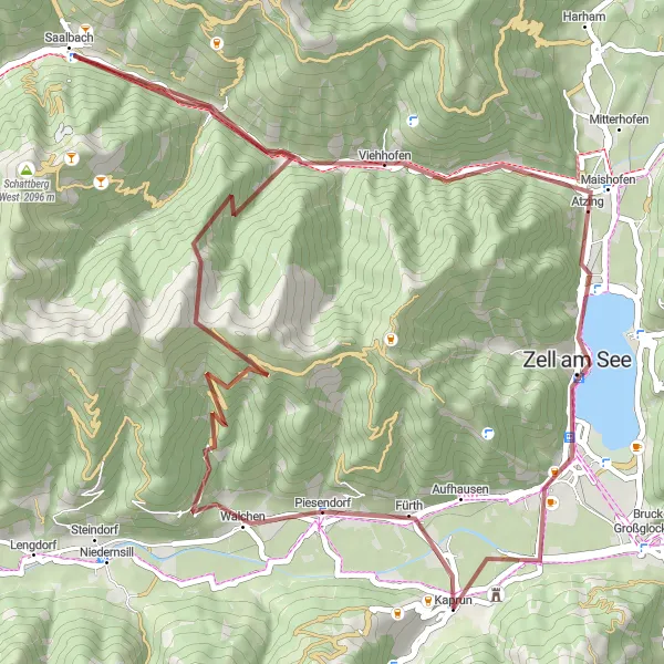 Zemljevid v pomanjšavi "Gravel Express to Kaprun" kolesarske inspiracije v Salzburg, Austria. Generirano z načrtovalcem kolesarskih poti Tarmacs.app