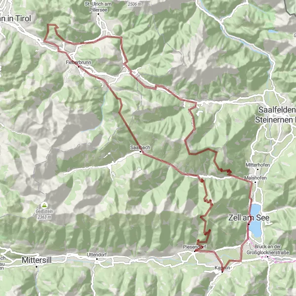Zemljevid v pomanjšavi "Gorska kolesarska avantura na prodi" kolesarske inspiracije v Salzburg, Austria. Generirano z načrtovalcem kolesarskih poti Tarmacs.app