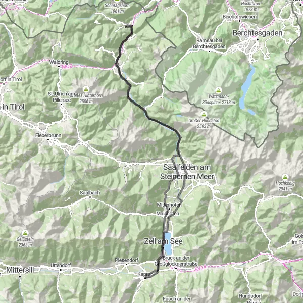 Kartminiatyr av "Kaprun - Zell am See - Unken - Kaprun Road Cycling Route" sykkelinspirasjon i Salzburg, Austria. Generert av Tarmacs.app sykkelrutoplanlegger